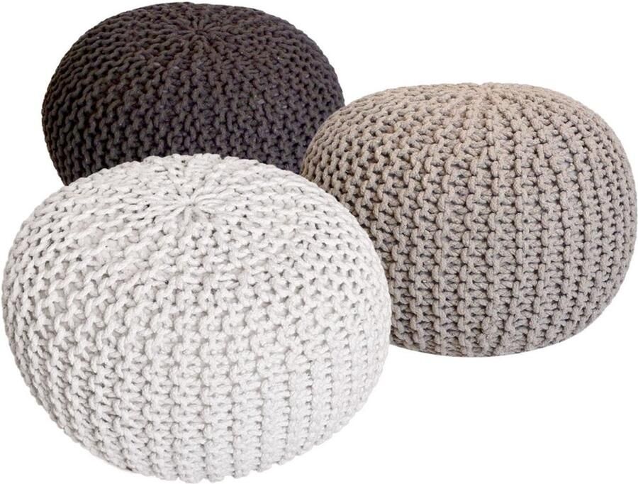 Wood Selections Michael Pouf Set 3 Stuks Grof Gebreid 55 cm Ø poef hocker Kruk hockers en poefen fluwelen poef