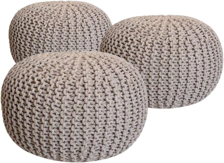 Wood Selections Noah Pouf Set 3 Stuks Beige Gerecycled Katoen Ø 55 cm poef hocker Kruk hockers en poefen fluwelen poef