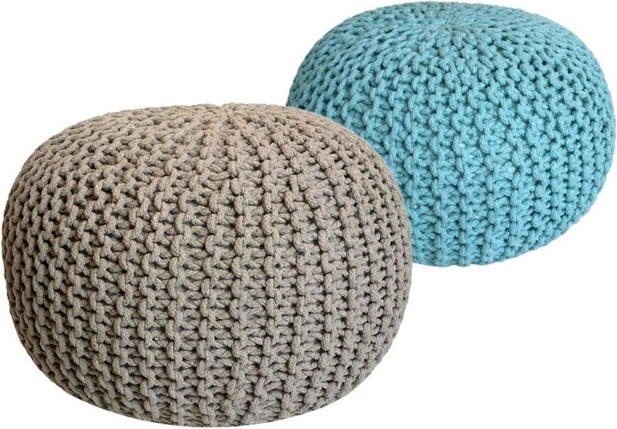 Wood Selections Olivia Sitzhocker Pouf SET 2 beige & mint 100% gerecycled katoen Ø 55 cm H 37 cm poef hocker Kruk hockers en poefen fluwelen poef