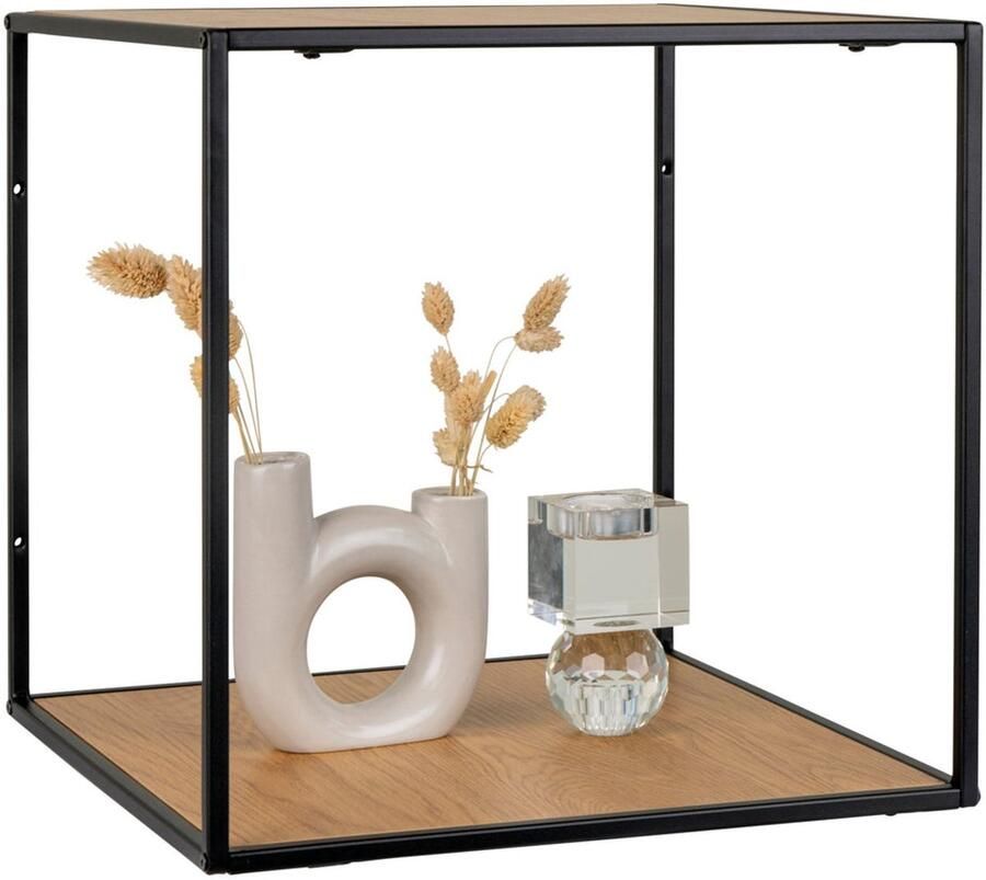 Wood Selections Peters wandplank zwart staal en eikenhout 36x36x36 cm wandrek industrieel muurdecoratie wandrek hout wandplanken wanddecoratie