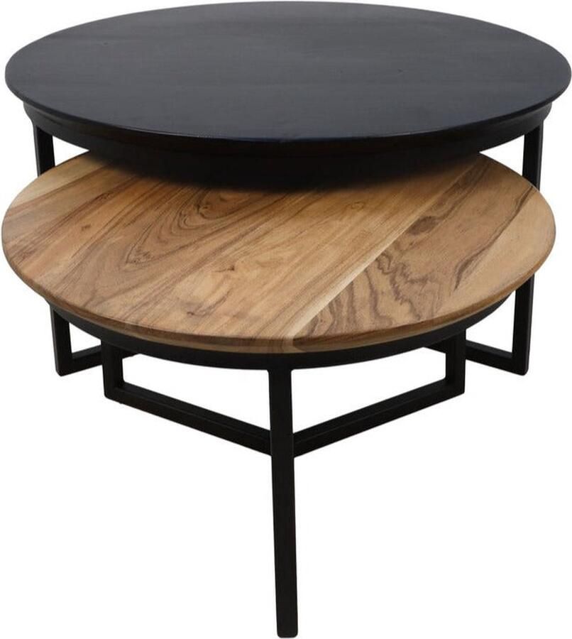 Wood Selections Salontafel Zurich ø80 ø59 Zwart naturel Acaciahout ijzer- Set van 2