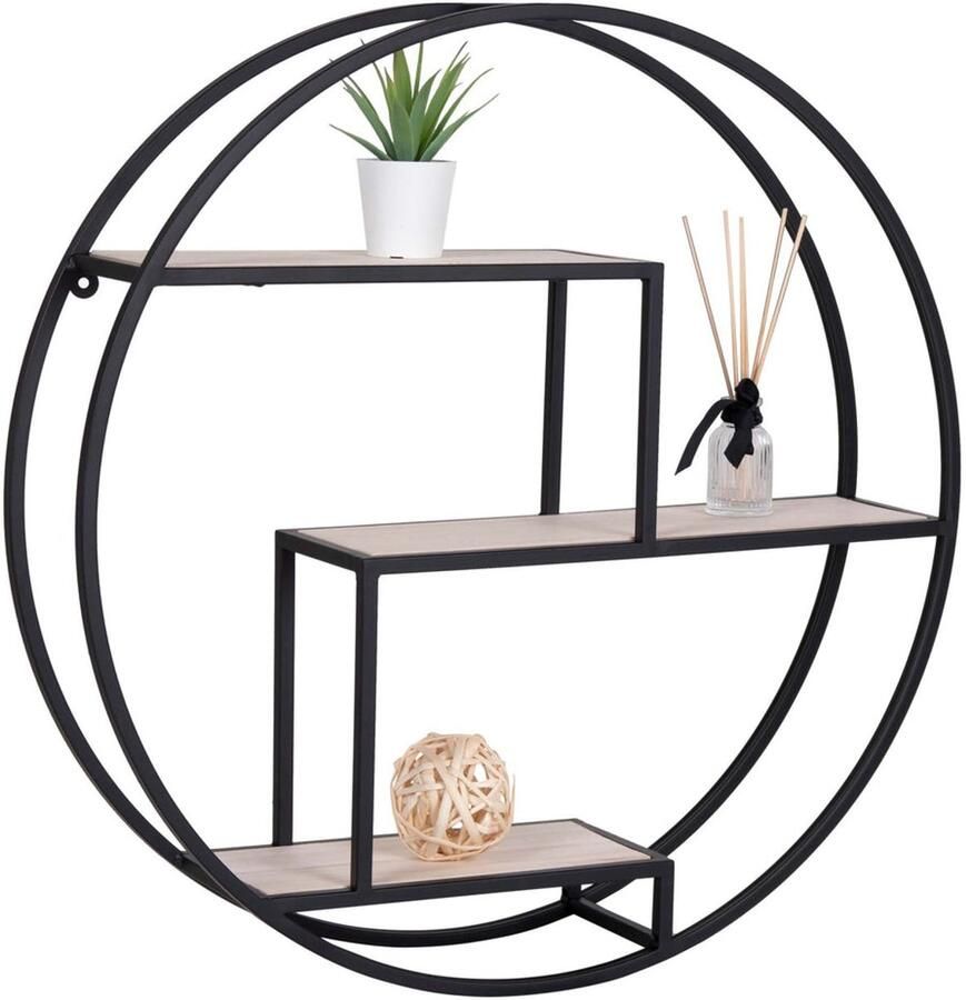 Wood Selections Wilson plank zwart staal en Paulownia Ø62x14 cm wandrek industrieel muurdecoratie wandrek hout wandplanken wanddecoratie