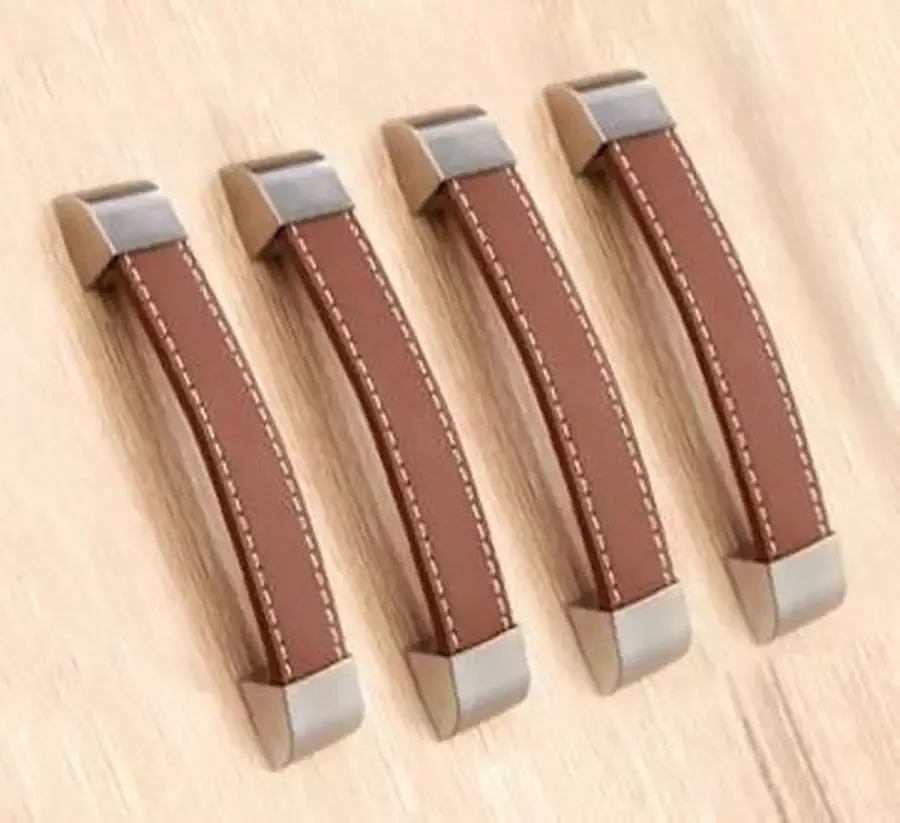 Wood Tools & Deco Set van 4 leren handgrepen (128 mm bruin eindstuk metaal)