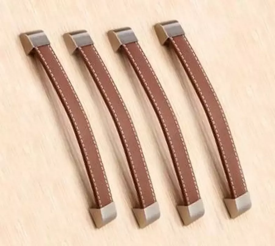 Wood Tools & Deco Set van 4 leren handgrepen (192 mm bruin eindstuk metaal)