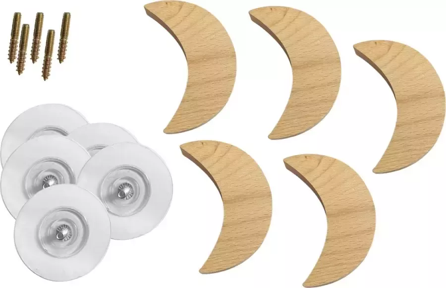 Wood Tools & Deco Set van 5 houten kapstokhaken voor kinderkamers (maan beukenhout)