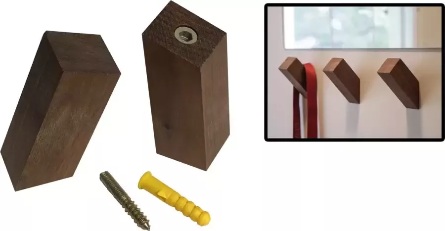 Wood Tools & Deco Set van 6 houten kledinghaken (kapstok) noten vierkant