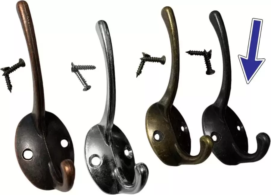 Wood Tools & Deco Set van 6 metalen haken hangers voor jassen en hoeden (kleur: zwart)