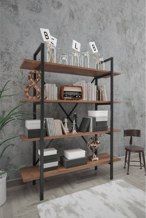 Woodhouse Sahra Wandkast Industrieel Hout en Metaal Industriële Boekenkast Open Vakkenkast 5 Planken Design Meubel Zwart en Taupe 90x35x150