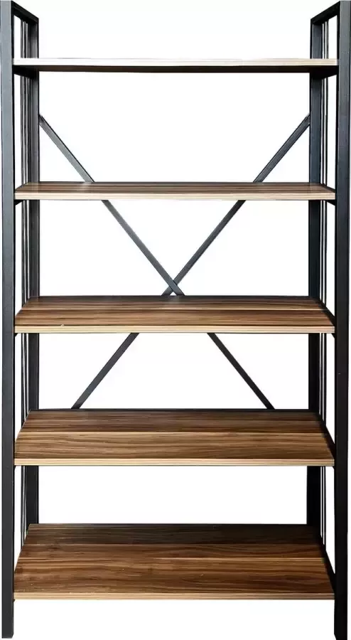 Wood House Medusa Wandkast Industrieel Hout en Metaal Industriële Boekenkast Open Vakkenkast 5 Planken Design Meubel Zwart en Bruin 90x35x180