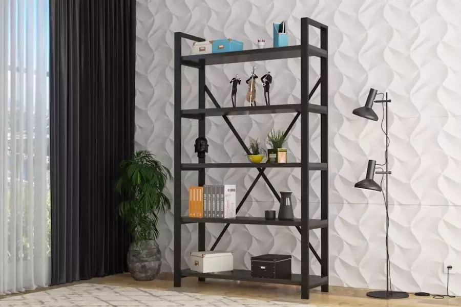 Woodhouse Wood House Pacific Wandkast Industrieel Hout en Metaal 5 Planken Zwart 70x35x180