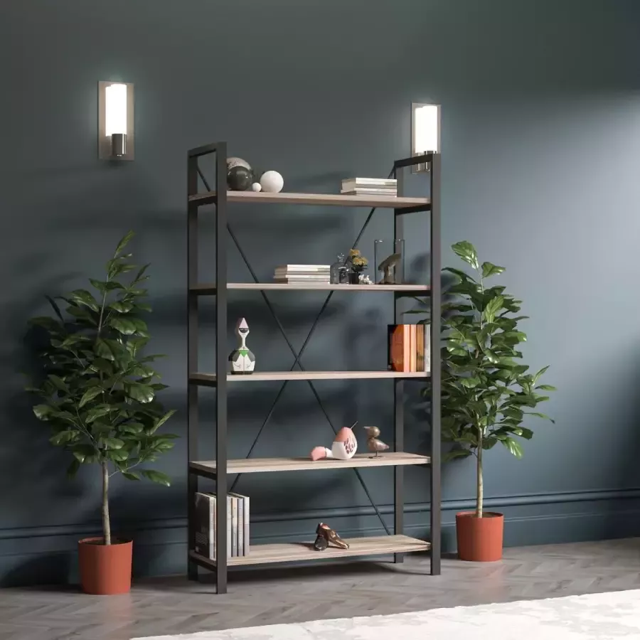 Woodhouse Wood House Pacific Wandkast Industrieel Hout en Metaal 5 Planken Zwart en Taupe 70x35x180