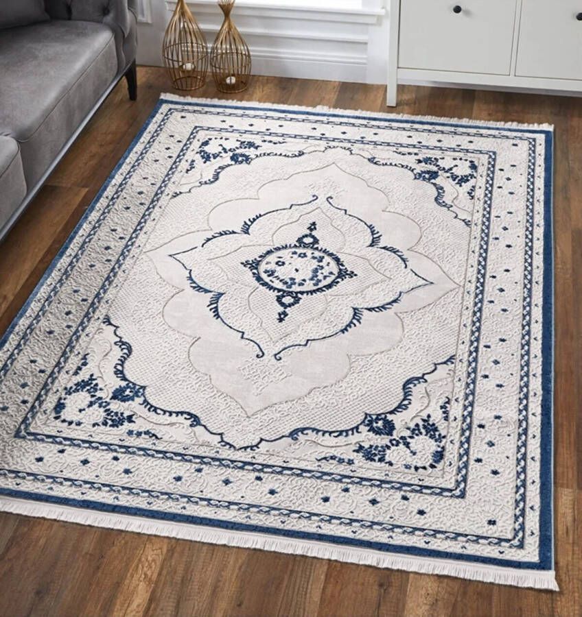 Woodman Carpet ARTOIS Creme-Blauw 120x180cm Laagpolig vloerkleed met franjes