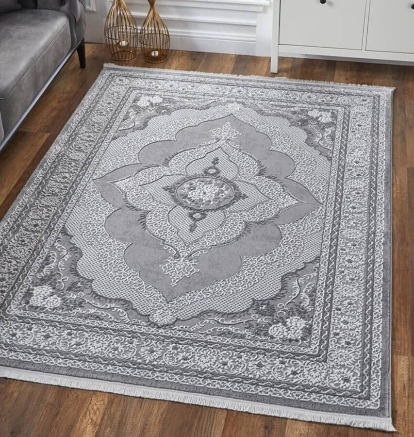 Woodman Carpet FLANDERS Grijs 120x180cm Laagpolig vloerkleed met franjes