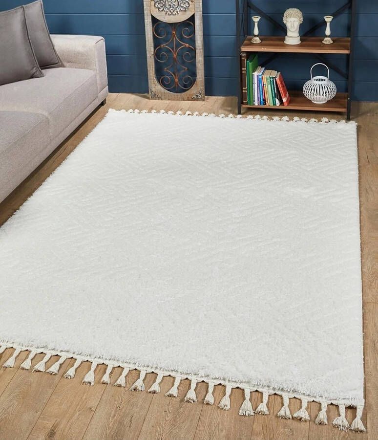 Woodman Carpet MOEFLON Creme 160x220cm Hoogpolig vloerkleed met franjes