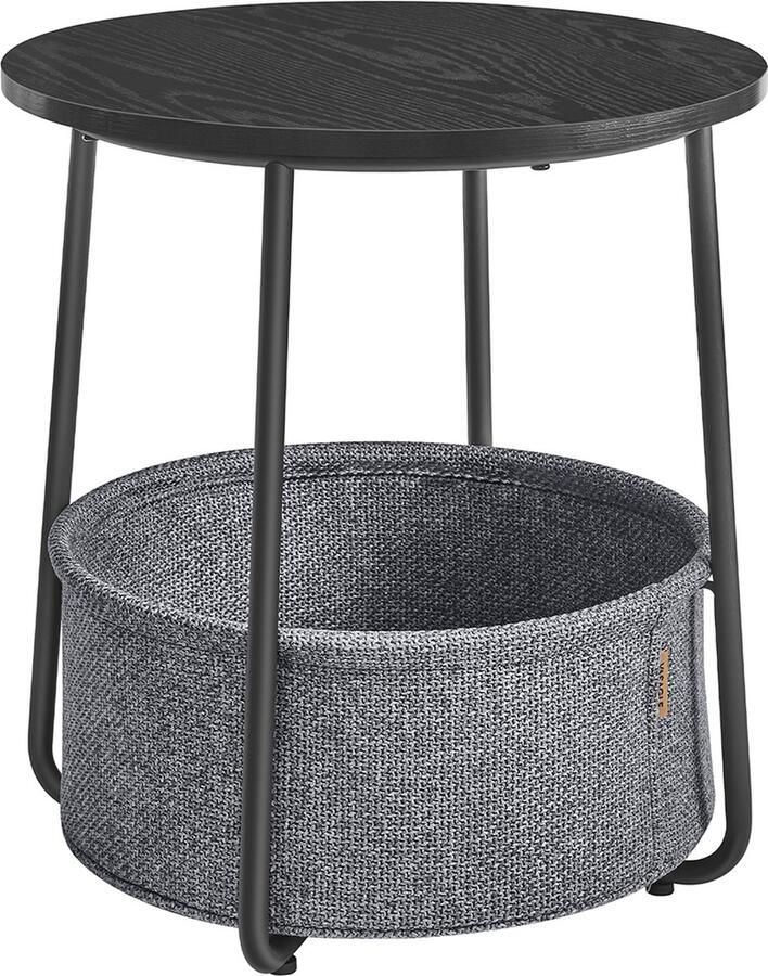 Woon Wereld Bijzettafel – Met mand gemaakt van ebbenhouten zwart –leigrijze stof