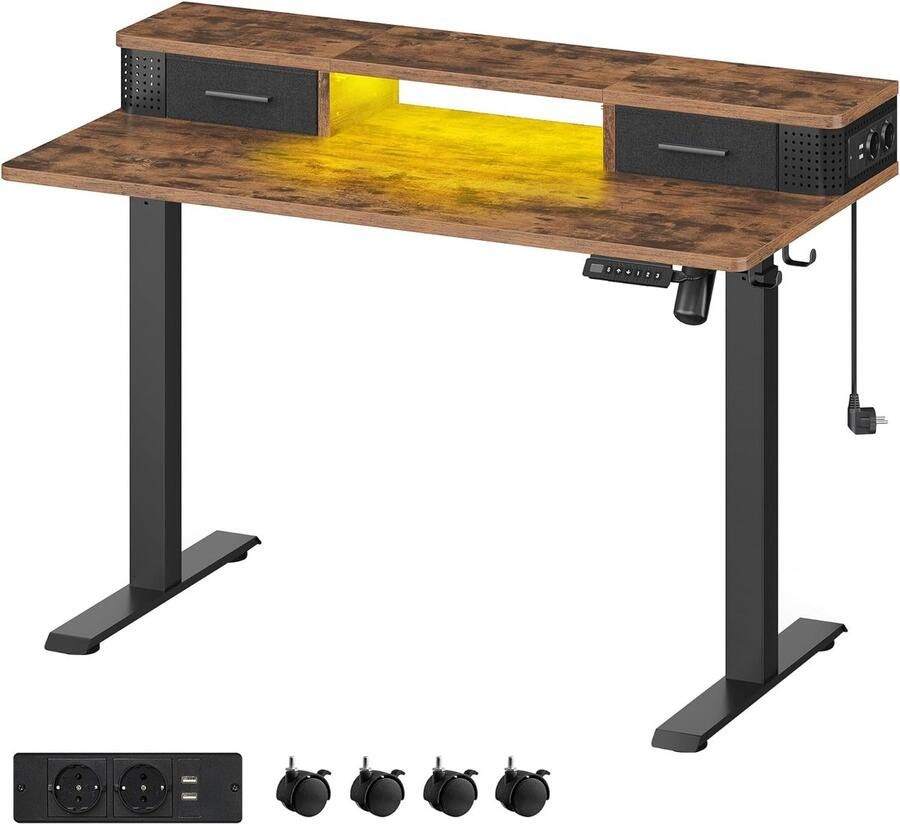 Woon Wereld Bureau – Elektrisch bureau – In hoogte verstelbaar – Met stopcontact en 2 lades – 60x120cm – Bruin
