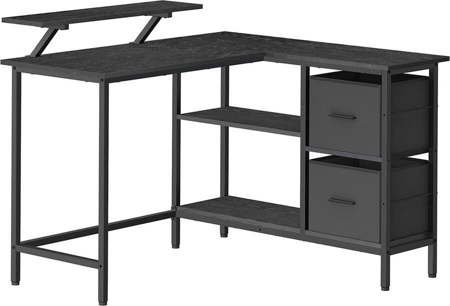 Woon Wereld L-vormig bureau 2 ruime laden computertafel met monitorstandaard hoekbureau gamingtafel met verstelbare plank 115 x 105 cm ebbenhout zwart