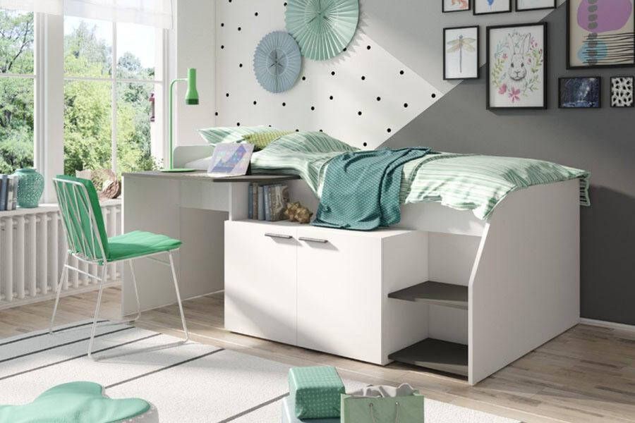 WOONENZO Home Hoogslaper met Bureau-kinderbed -Halfhoog- Wit -90x200