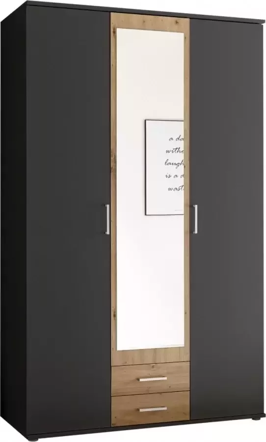 Woonexpress Kledingkast Beugen Grijs 120x196x54 cm (BxHxD) Draaideur Kast Compleet met planken en roede Met spiegel en lades Slaapkamer - Foto 12