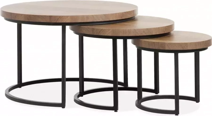 Woonexpress Sia Salontafel (set 3 Stuks) Hoenderloo Bruin MDF Mumbai Met Zwart Frame 51x75x75cm (hxbxd)