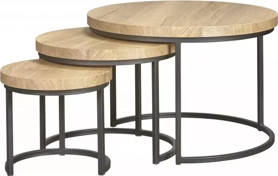 Woonexpress Sia Salontafel (set 3 Stuks) Hoenderloo Naturel MDF Fresh Oak Met Zwart Frame 51x75x75cm (hxbxd) - Foto 3