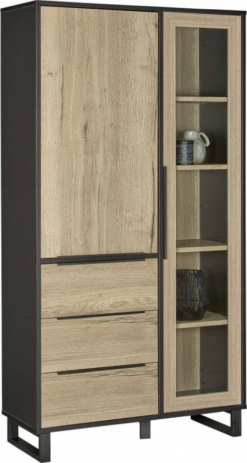 Woonexpress Vitrinekast Zundert Naturel MDF Antraciet wild Eiken Structuur 190x100x40cm (hxbxd)