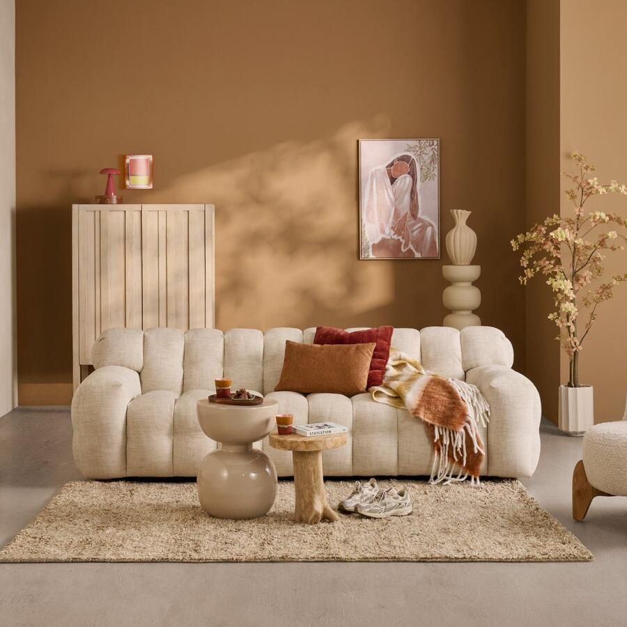 Woonexpress 3 Zitsbank Bolton Textiel Beige 240x120x76 cm (BxHxD) Koudschuimvulling Bruine Houten Poten