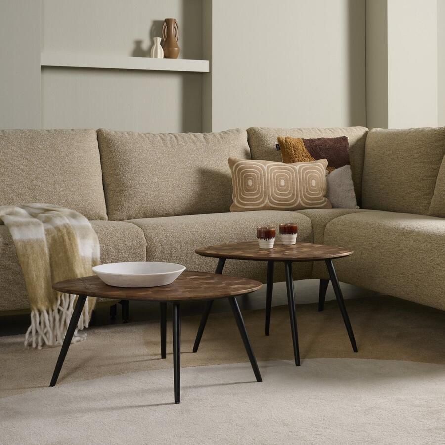 Woonexpress Bijzettafel Set Faro Gerecycled Teakhout Metaal Bruin Metaal 66x33x51 54x39x44 cm (BxHxD) Organische vormen