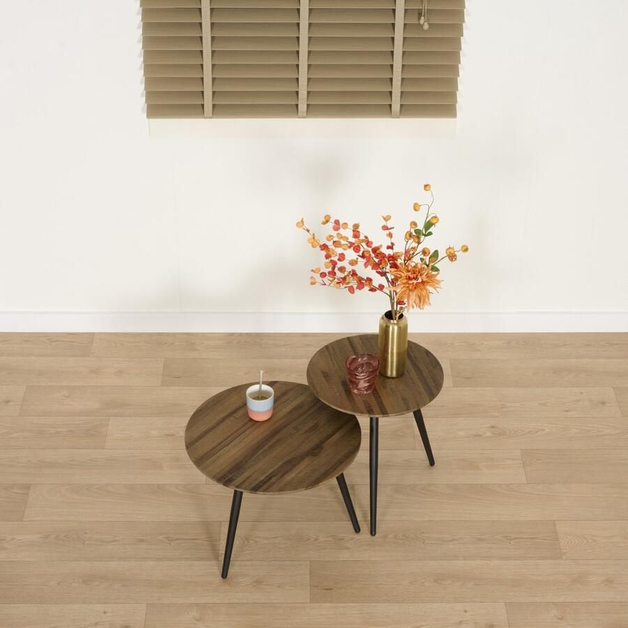 Woonexpress Bijzettafel Set Rocha Hout Metaal Bruin Zwart 50x37x50 40x41x40 cm (BxHxD) Ronde tafels Gerecycled Teak