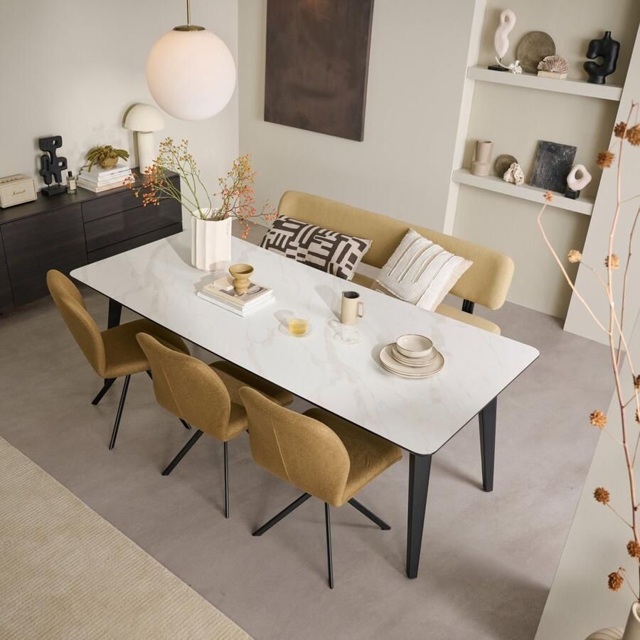 Woonexpress Eetkamerbank Lerdal Textiel Metaal Geel Zwart 175x88x61 cm (BxHxD) Koudschuim Vulling Twill Stof