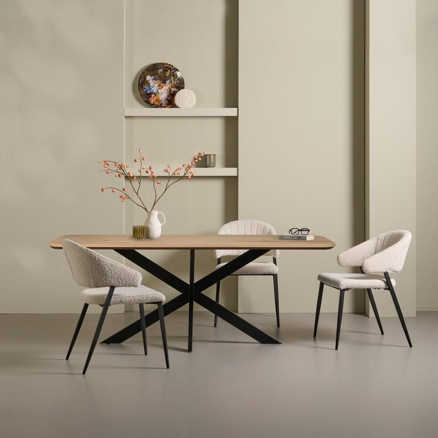 Woonexpress Eettafel Holendrecht Hout Naturel 200 x 77 x 100 cm (BxHxD) Zwart Metalen Spinpoten Licht Geborsteld en Gelakt blad