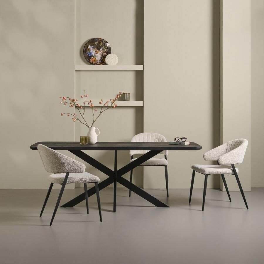 Woonexpress Eettafel Holendrecht Hout Zwart 200 x 77 x 100 cm (BxHxD) Zwart Metalen Spinpoten Licht Geborsteld en Gelakt blad