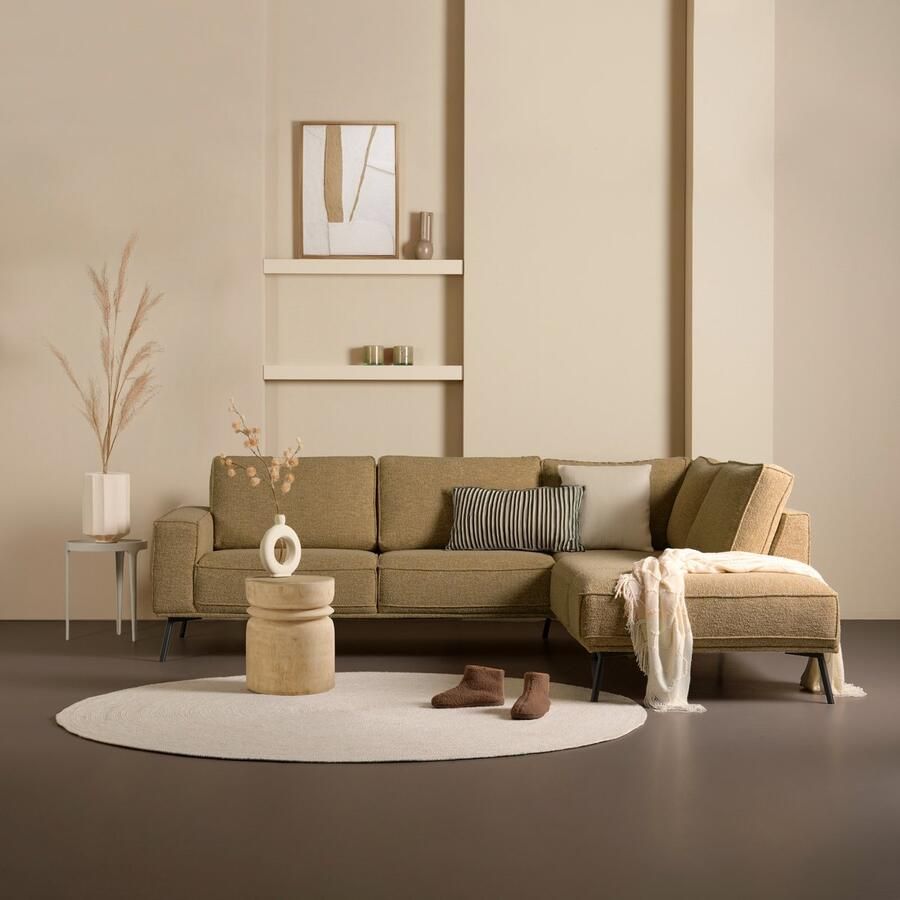 Woonexpress Hoekbank Alford Textiel Curry 260x85x208 cm Divan Rechts Zwarte Poten