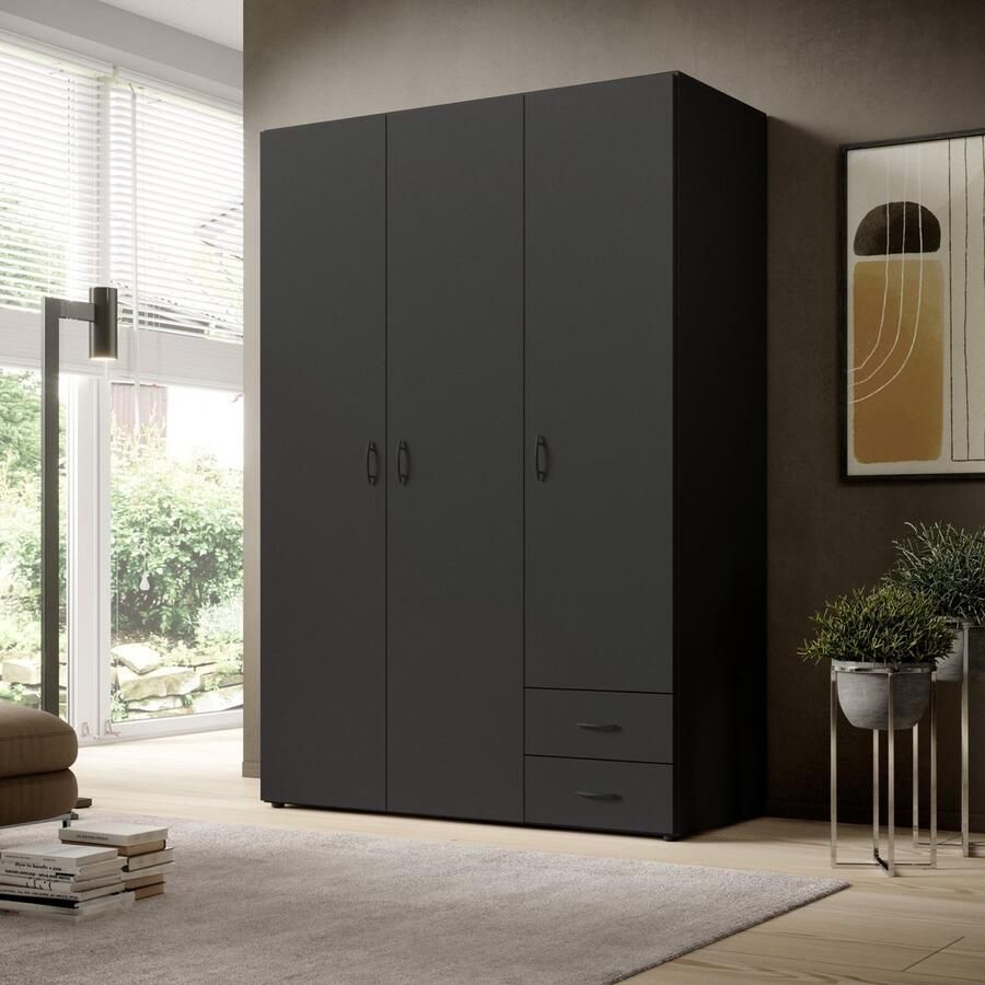 Woonexpress Kledingkast Baarlo 120x177x52 cm (BxHxD) Grafiet Draaideurkast 3 legplanken 1 roede & 2 lades Garderobekast Opbergkast