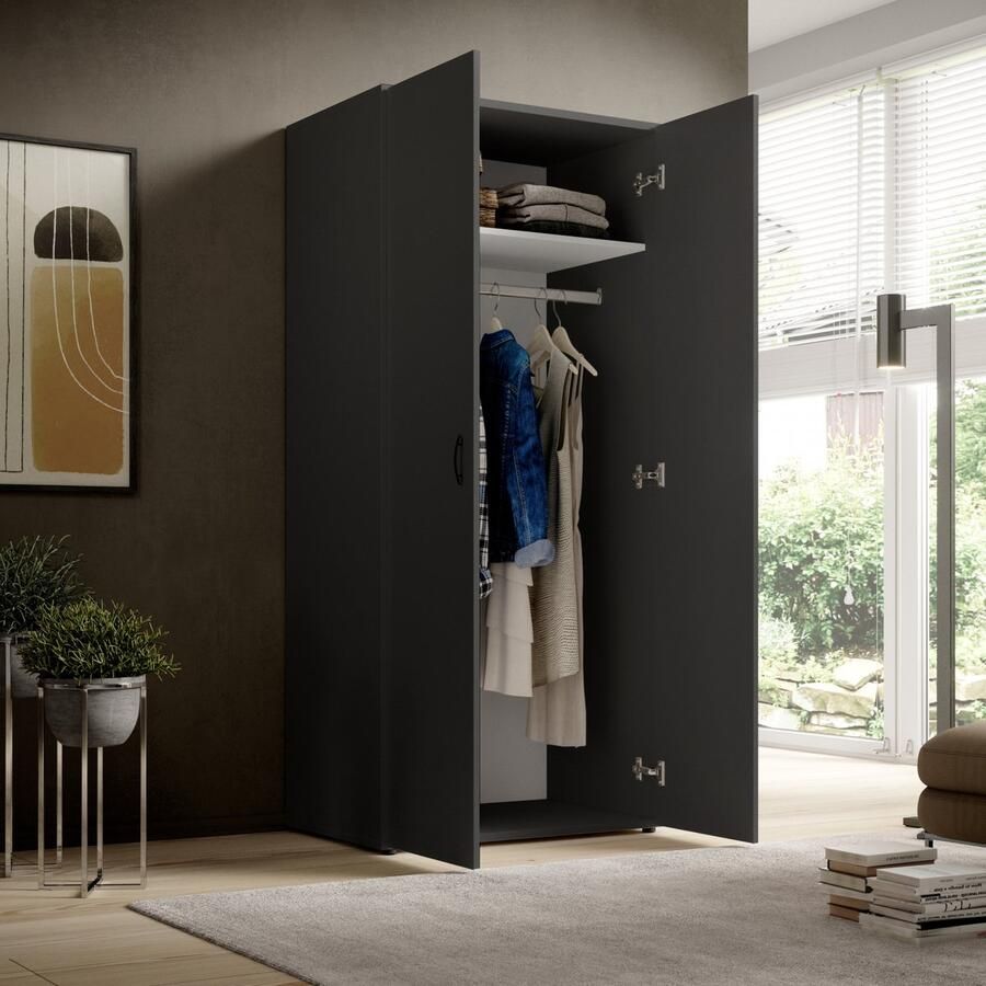 Woonexpress Kledingkast Baarlo 80x176x52 cm (BxHxD) Grafiet Draaideurkast 1 legplank & 1 roede Slaapkamer Garderobekast Opbergkast