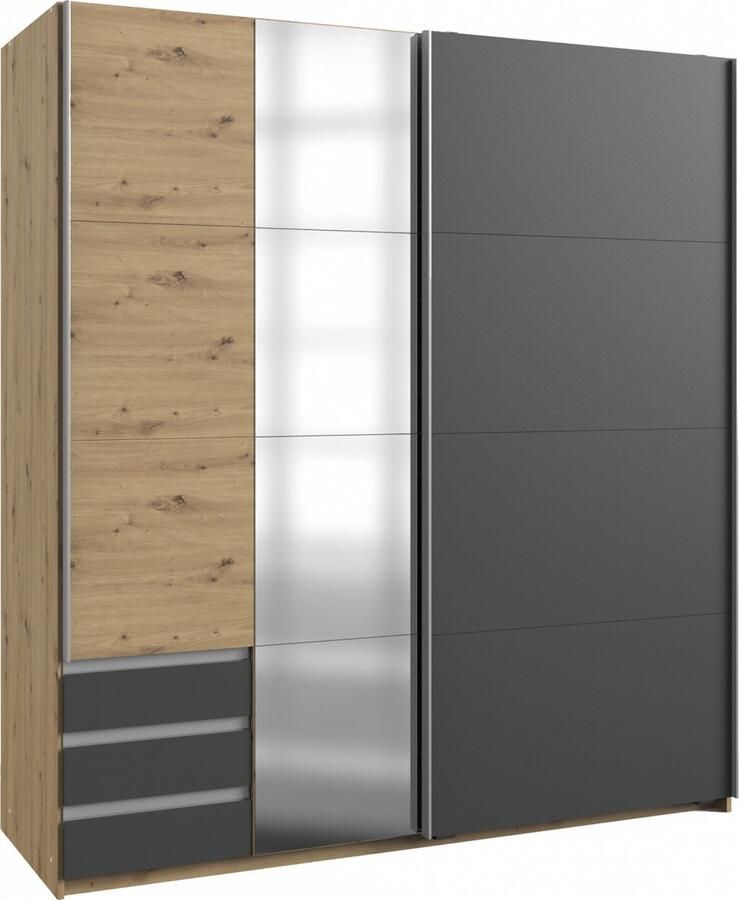 Woonexpress Kledingkast Dongen MDF Grijs 179 x 198 x 64 cm (BxHxD) Schuifdeurkast Met Spiegel