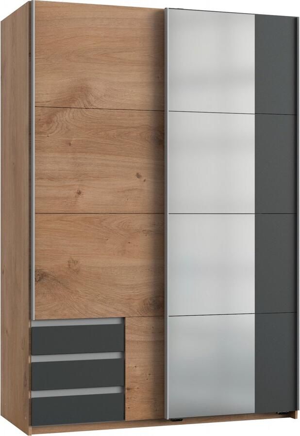 Woonexpress Kledingkast Elsen Naturel Eiken Houtlook Grijs 135 x 198 x 64 cm (BxHxD) Schuifdeurkast 3 Laden Spiegel - Foto 3