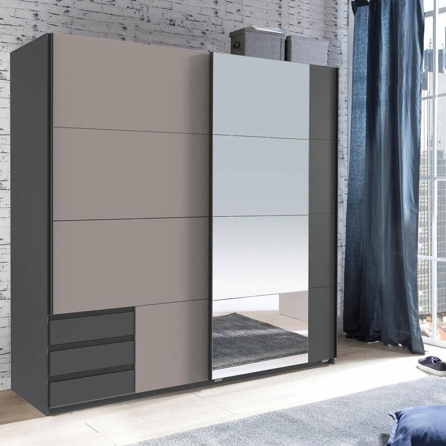 Woonexpress Kledingkast Elsen Schuifdeurkast 179x198x64 cm (BxHxD) Grafiet Taupe Spaanplaat Drie lades Spiegeldeur