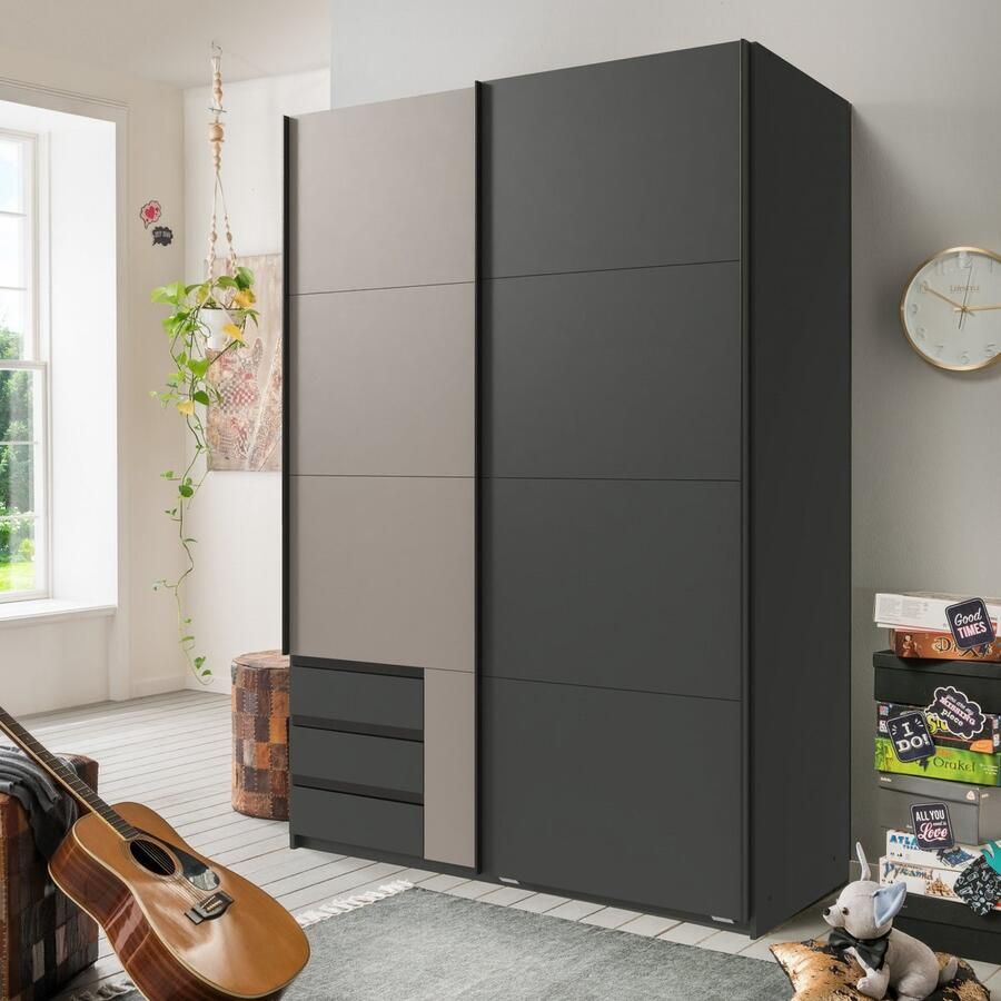 Woonexpress Kledingkast Elsen Schuifdeurkast met 3 lades 135x198x64 cm (BxHxD) Grafiet Taupe Spaanplaat