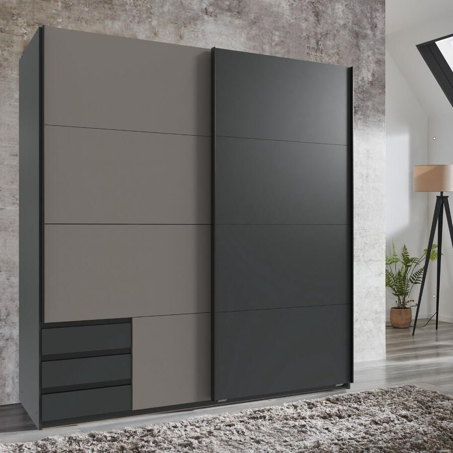 Woonexpress Kledingkast Elsen Schuifdeurkast met 3 lades 179x198x64 cm (BxHxD) Grafiet Taupe Spaanplaat