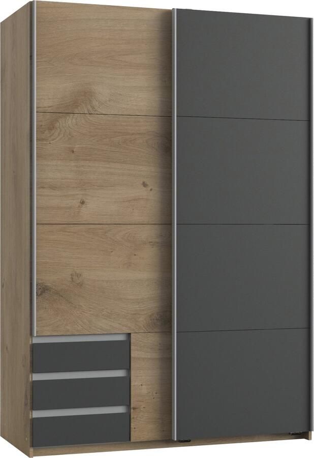 Woonexpress Kledingkast Elsen Naturel Eiken Houtlook Grijs 135 x 198 x 64 cm (BxHxD) Schuifdeurkast 3 Laden Spiegel - Foto 2