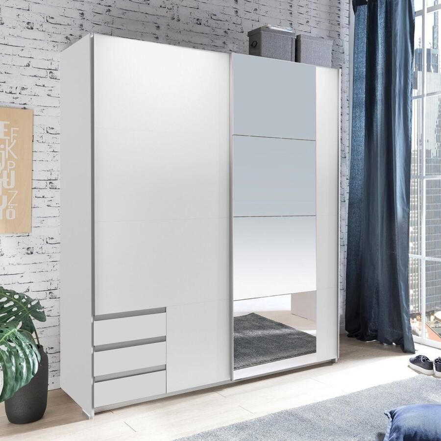 Woonexpress Kledingkast Elsen Spaanplaat Wit 179x198x64 cm (BxHxD) Schuifdeuren 3 Laden Spiegel Inclusief Roedes en Planken