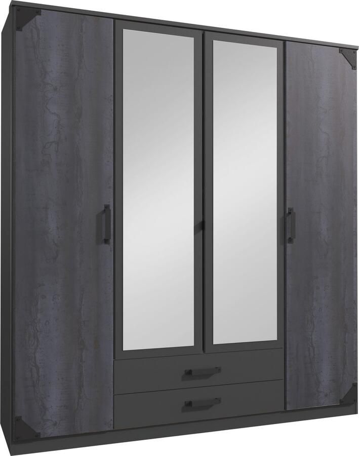 Woonexpress Kledingkast Gameren Hout Zwart 180 x 199 x 58 cm (BxHxD) Draaideurkast 4 Deuren 2 Spiegels 2 Brede Laden