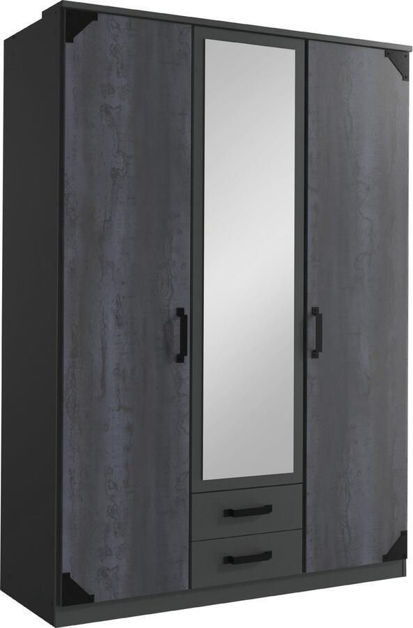 Woonexpress Kledingkast Gameren Spaanplaat Zwart 135x199x58 cm (BxHxD) Draaideurkast 3 Deuren Spiegel 2 Laden