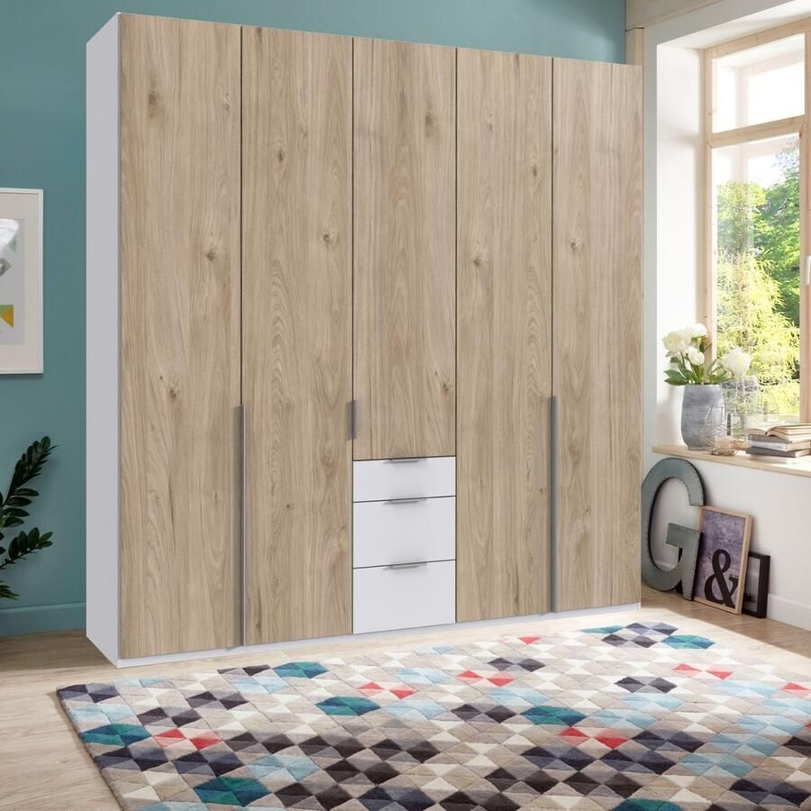 Woonexpress Kledingkast Tudela 225x236x58 cm (BxHxD) Wit Eiken Houtlook 5 Draaideuren 3 Lades