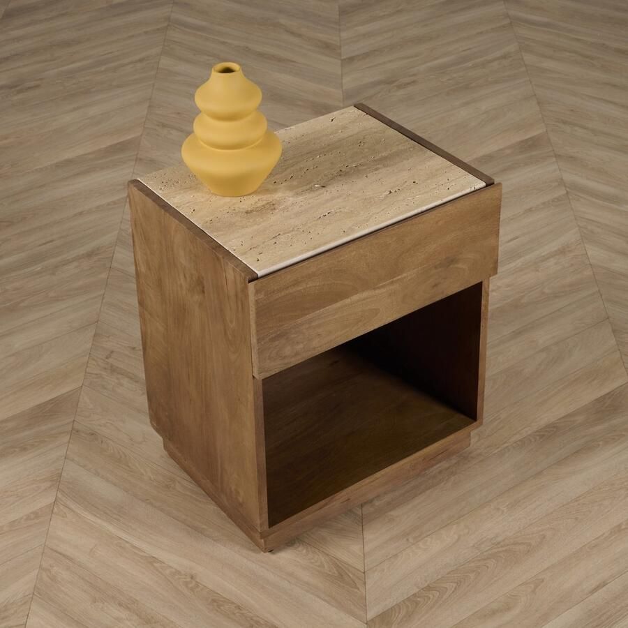 Woonexpress Nachtkastje Granada Mangohout Travertin Walnoot Beige 45x55x35 cm (BxHxD) Met Lade - Foto 2
