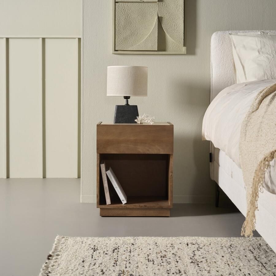 Woonexpress Nachtkastje Granada Mangohout Travertin Walnoot Beige 45x55x35 cm (BxHxD) Met Lade