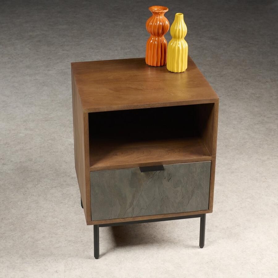 Woonexpress Nachtkastje Mila Hout Leisteen Bruin Grijs 44x60x40 cm (BxHxD)