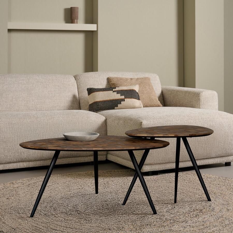 Woonexpress Salontafel Covas (set 2 stuks) Gerecycled Teakhout Metaal Bruin Zwart 80x36x59 59x43x48 cm (BxHxD) Organische Vorm Mozaïek blad