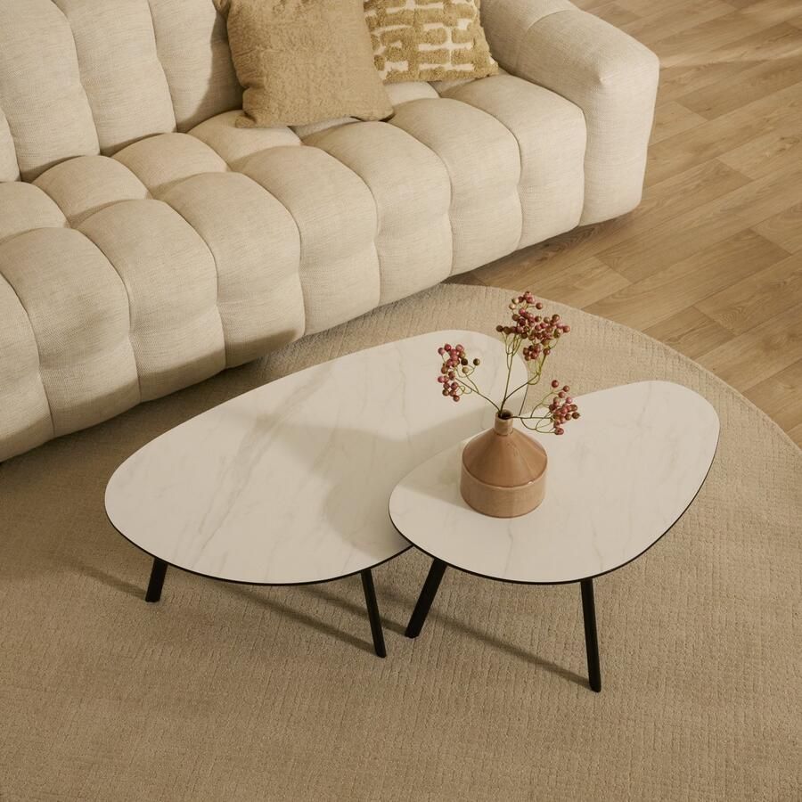 Woonexpress Salontafel Nyborg Lille MDF Metaal Wit Zwart 75x38x44 98x32x58 cm (BxHxD) Marmer look Organisch